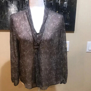 Elegant Sheer Brown Floral Blouse with Tie at Neckline
